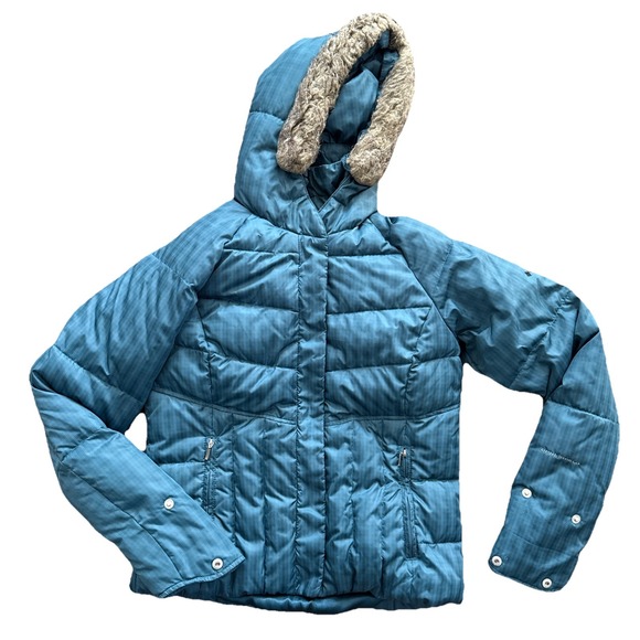 Columbia Jackets & Blazers - Columbia Down Puffer Jacket Women Medium Omni Shield Blue Hooded Faux Fur Trim